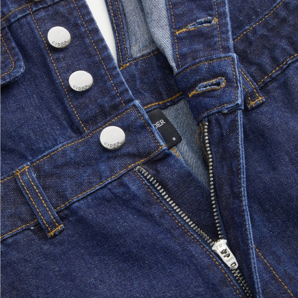 Cider Navy Wide-Leg Deep-V Denim Overalls with Tan Patch - Picture 2 of 3